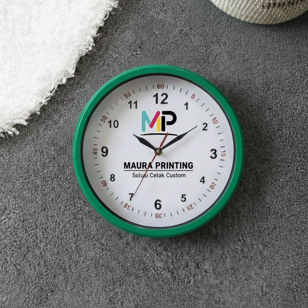 Custom Jam Dinding Bulat Klasik warna hijau, jam dinding custom untuk souvenir dan merchandise