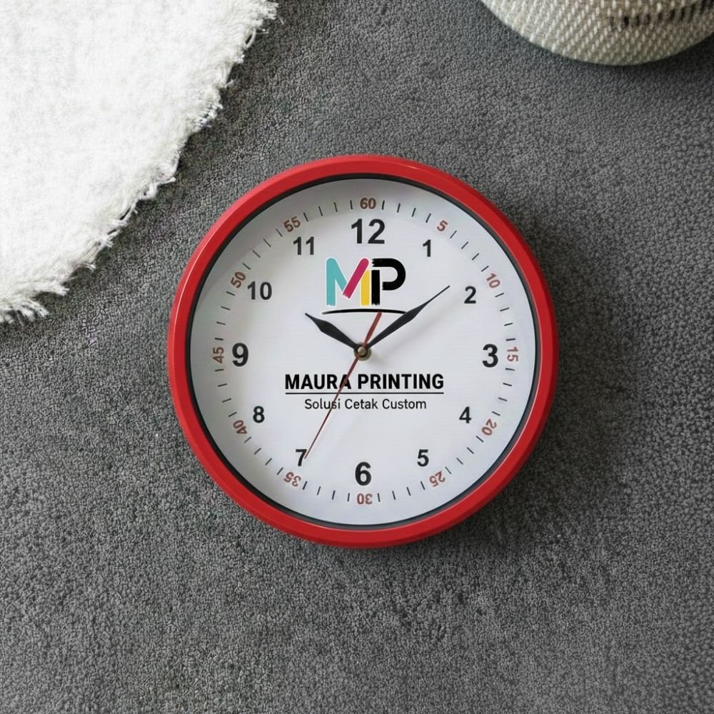 Custom Jam Dinding Bulat Klasik warna merah, jam dinding custom untuk souvenir dan merchandise